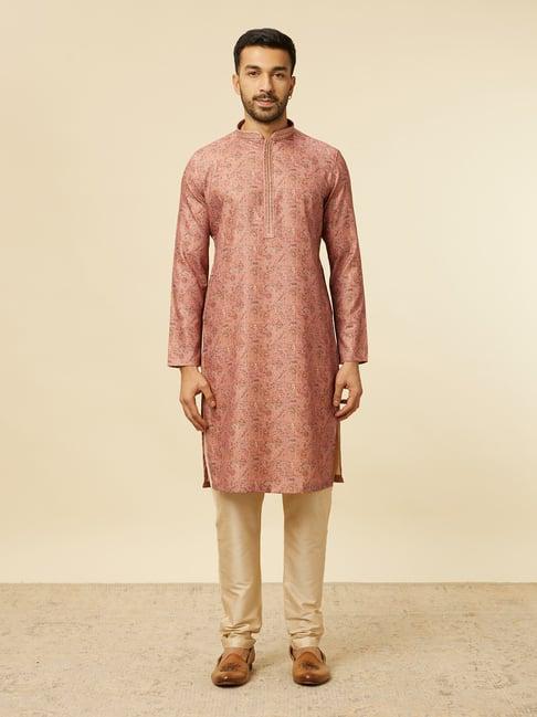 manyavar rust & beige regular fit printed kurta & pyjamas set