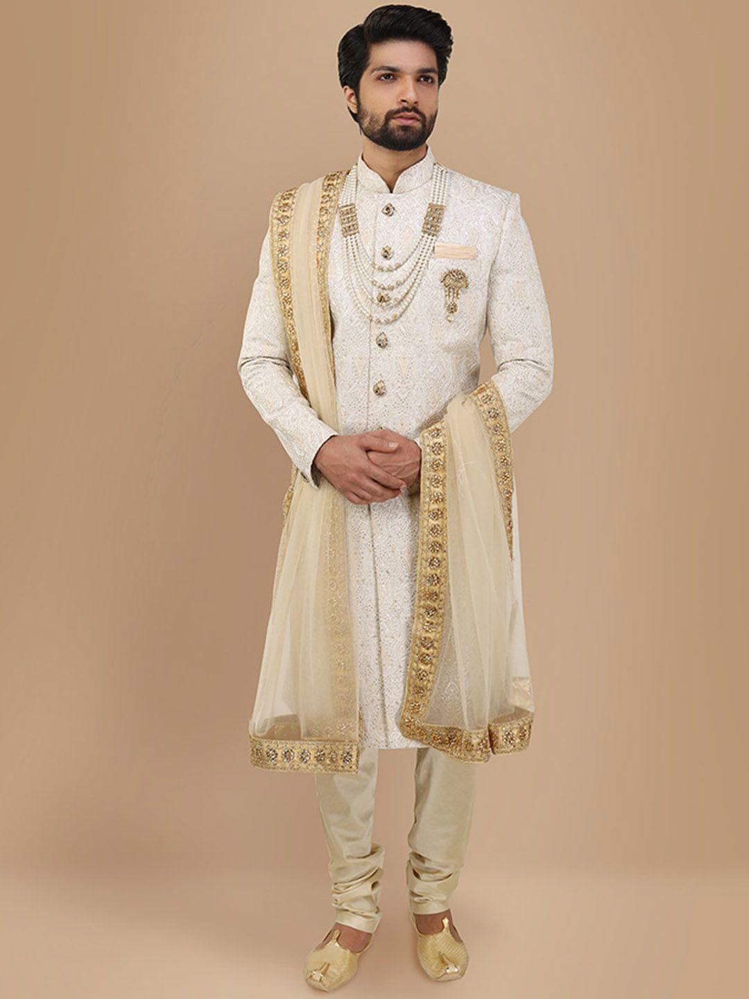 manyavar self-design art silk traditional sherwani set