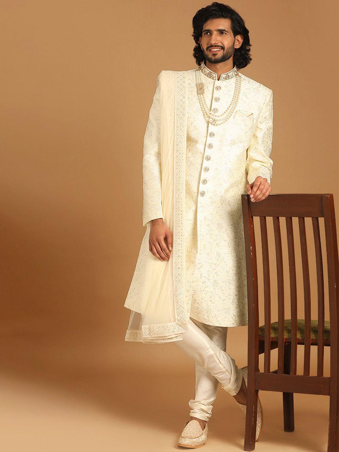 manyavar self-design art silk traditional sherwani set