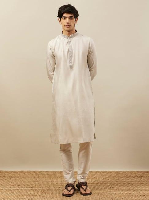 manyavar silver grey & light beige regular fit kurta & pyjamas set