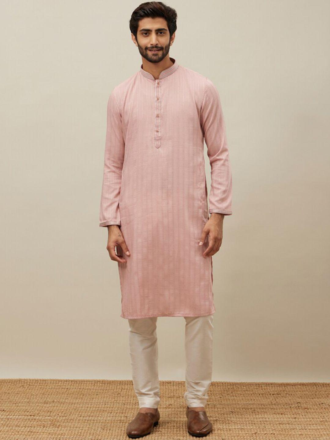 manyavar striped thread work mandarin collar kurta with pyjamas