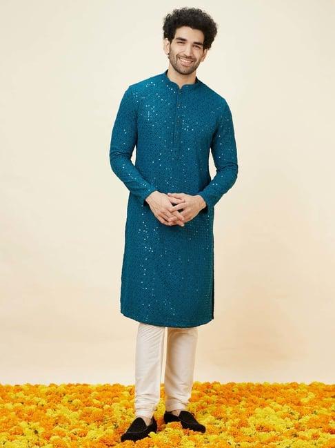 manyavar teal & cream regular fit embroidered kurta & pyjamas set