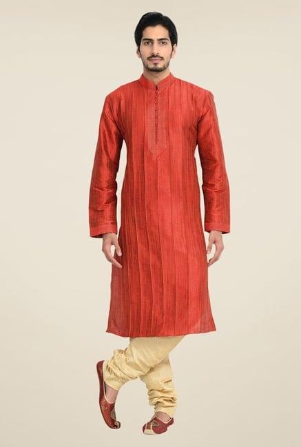 manyavar trendy red textured kurta & churidar set