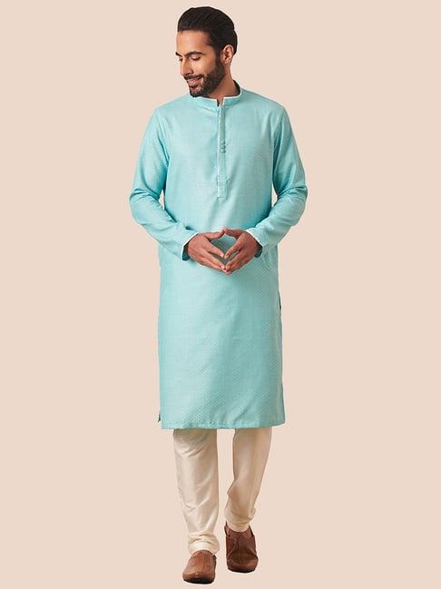 manyavar turquoise & light beige regular fit self design kurta & pyjamas set