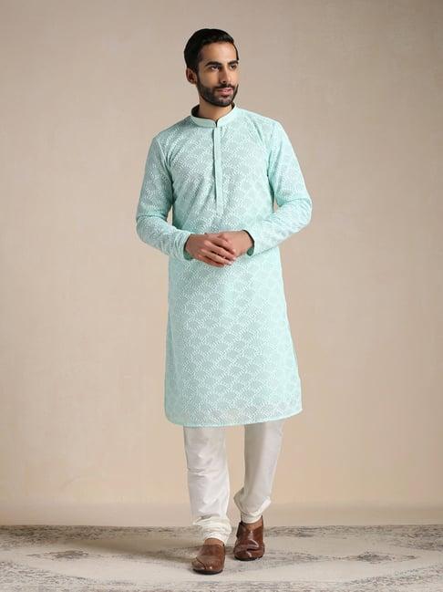 manyavar turquoise & off white self design kurta & churidar set