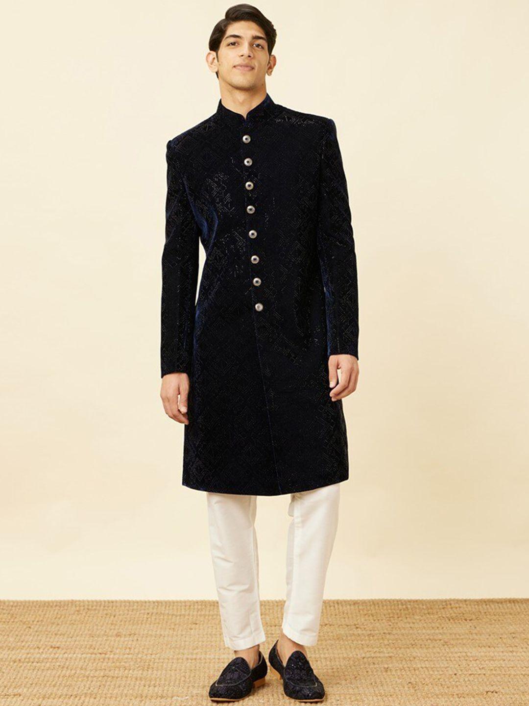 manyavar velvet self-design sherwani with solid trouser