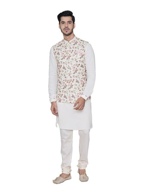 manyavar white & cream floral print ethnic kurta set with jacket