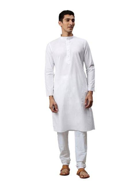 manyavar white cotton regular fit kurta set