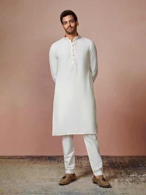 manyavar white kurta with pyjamas set