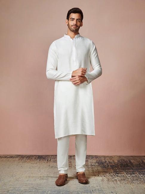 manyavar white self design kurta with pyjamas set