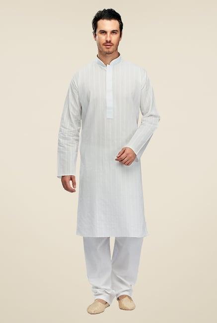 manyavar white striped kurta & pyjama set