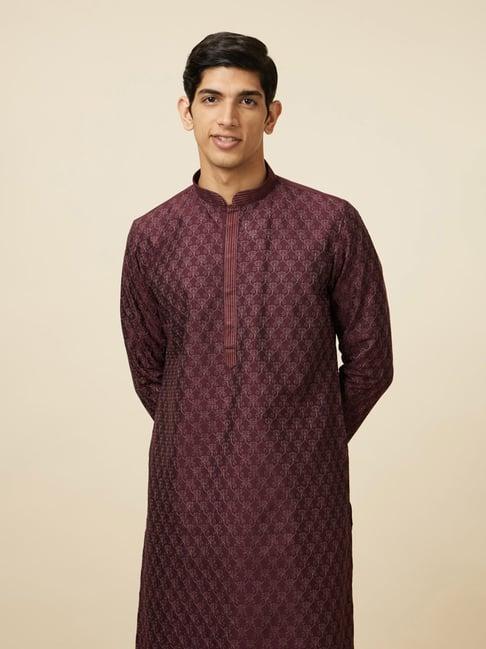 manyavar wine regular fit printed kurta & pyjamas set