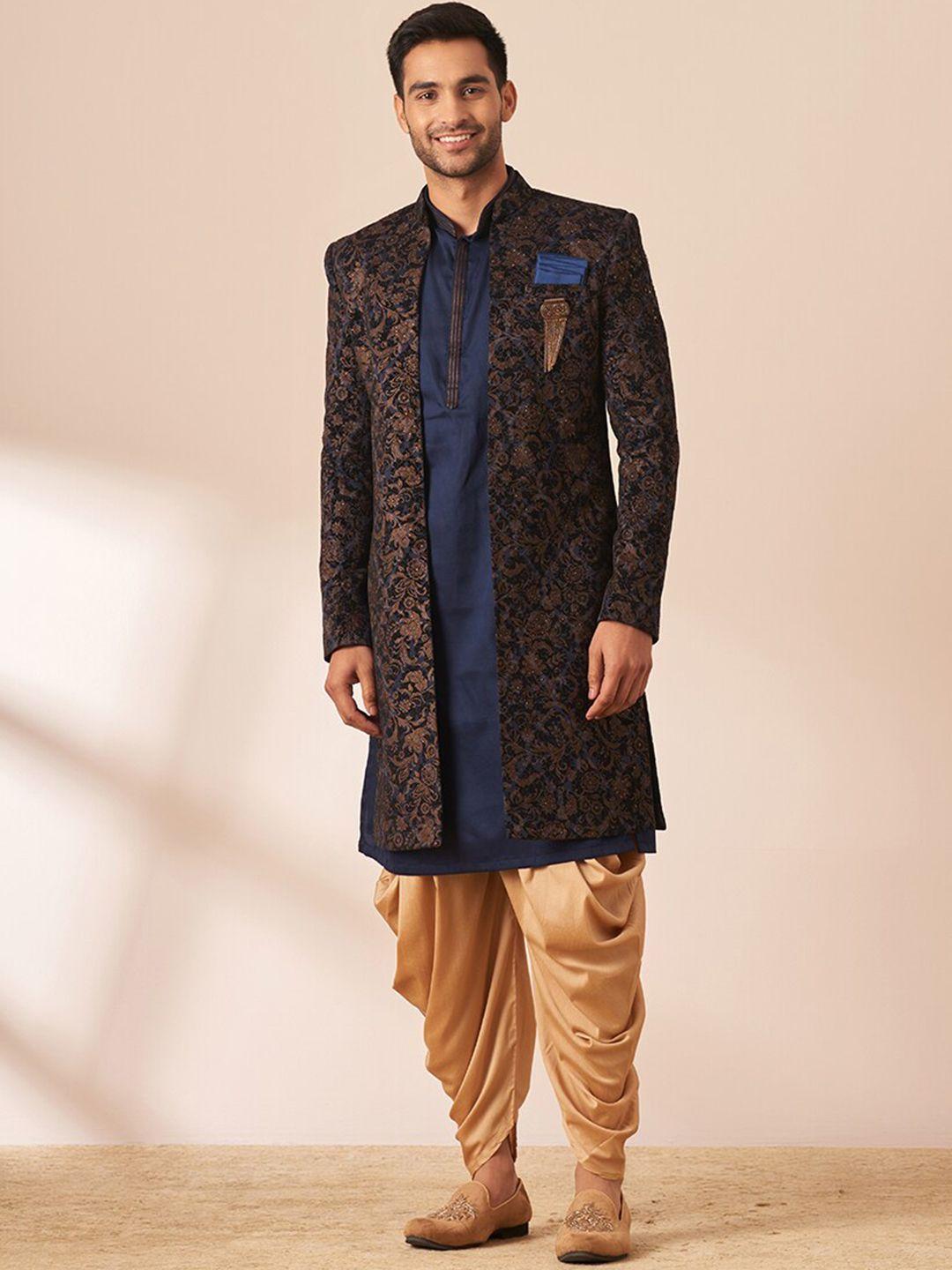 manyavar woven design velvet sherwani with kurta and dhoti pants