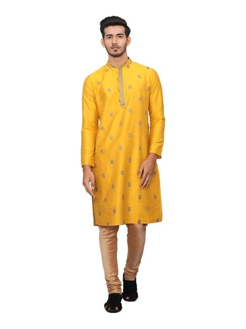 manyavar yellow & beige printed kurta set