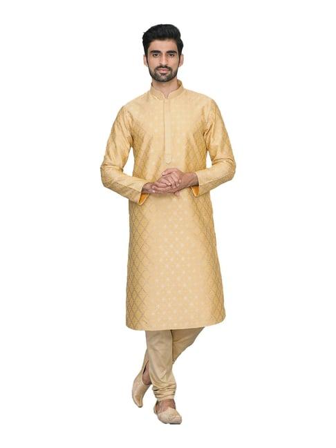 manyavar yellow & cream regular fit self pattern kurta pyjama set