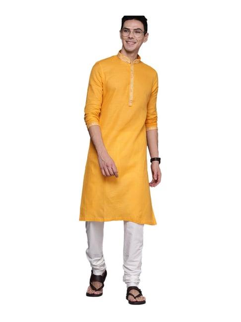 manyavar yellow & white cotton regular fit self pattern kurta churidar set