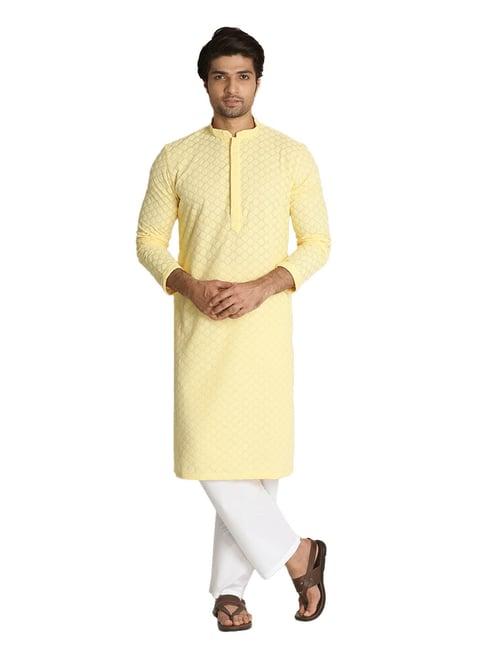 manyavar yellow & white embroidered kurta with pyjama set