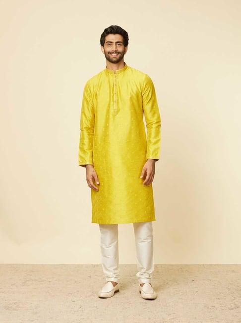 manyavar yellow & white regular fit self design kurta & pyjama set