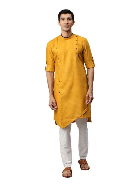 manyavar yellow cotton regular fit self design kurta