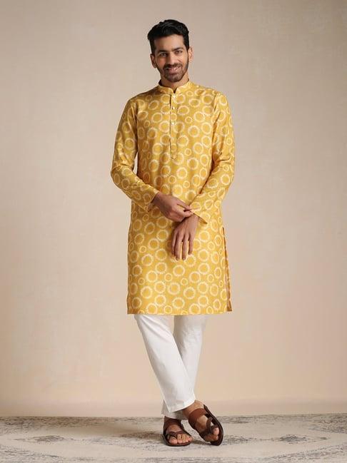 manyavar yellow regular fit printed kurta