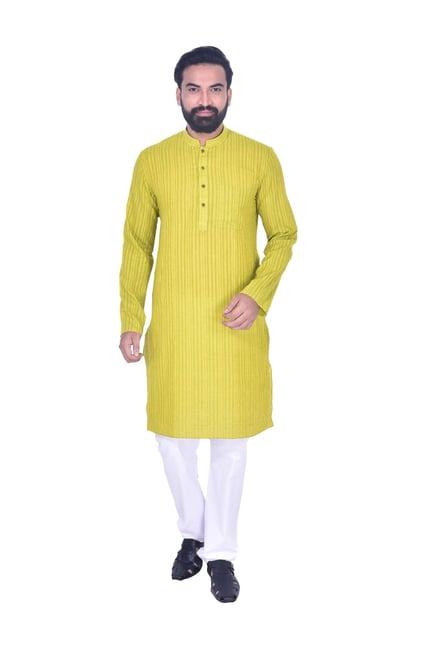 manyavar yellow regular fit striped kurta