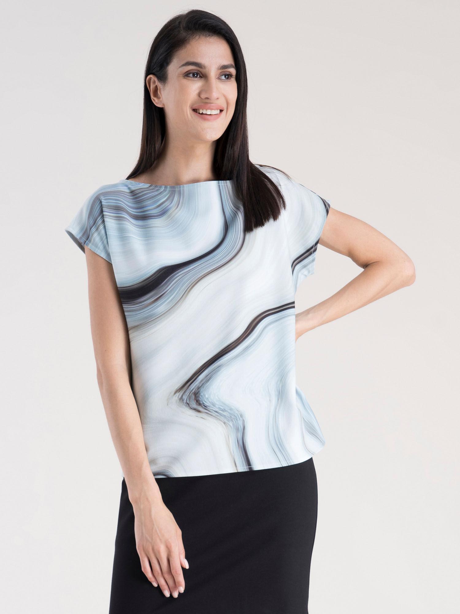 marble print drop shoulder top - light blue