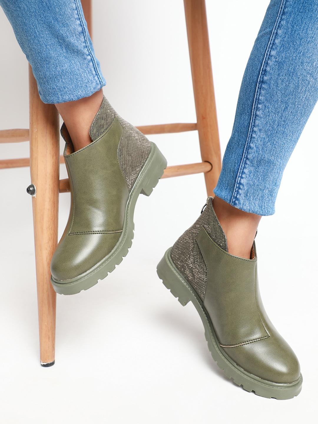 marc loire women olive green pu solid block boots
