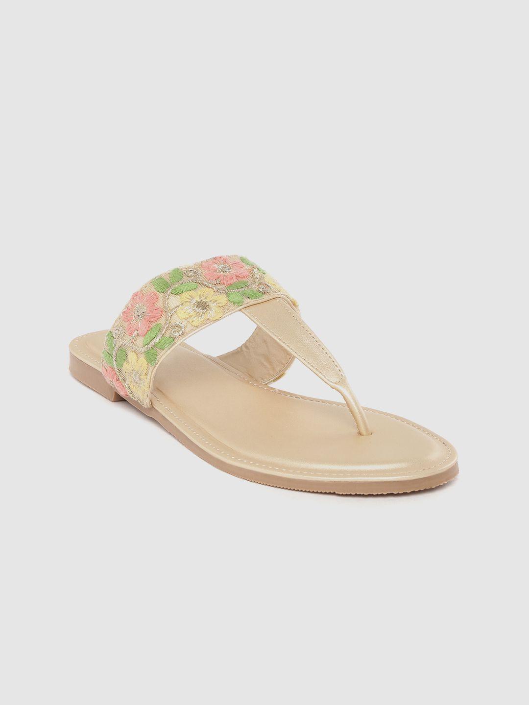 marc loire women pink & green floral embroidered t-strap flats
