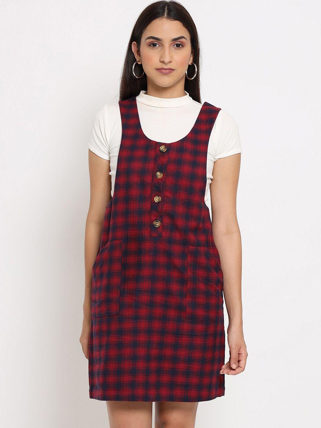 marc louis red & navy blue checked pinafore dress