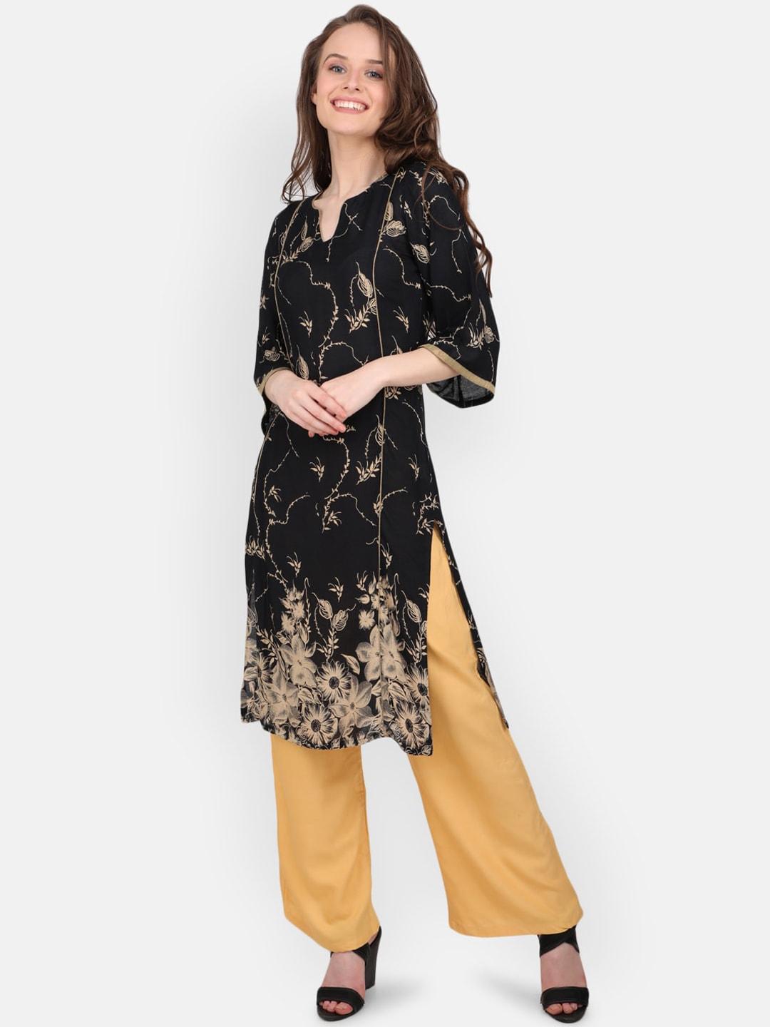 marc louis women black & beige floral printed flared sleeves floral kurta