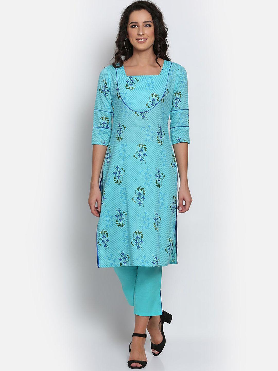 marc louis women blue floral embroidered pure cotton kurta with trousers