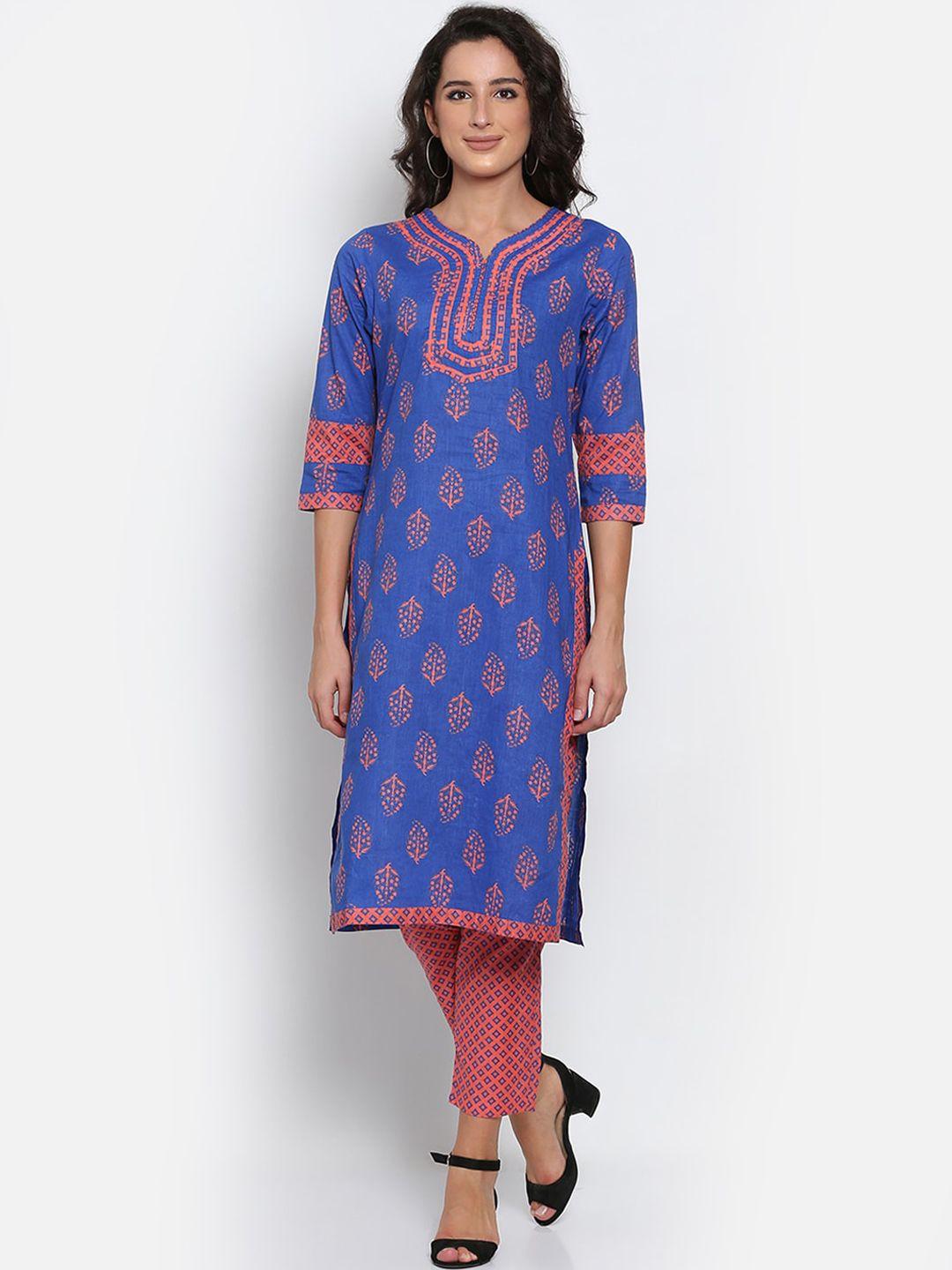 marc louis women blue printed pure cotton straight kurta with trousers