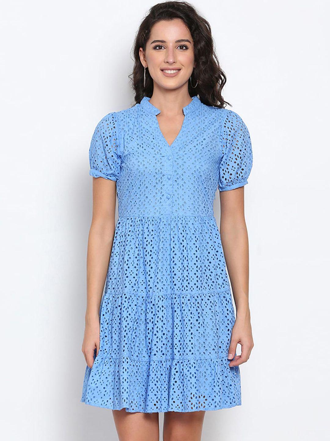 marc louis women blue schiffli fit & flare dress
