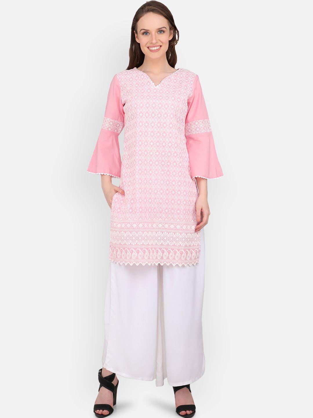 marc louis women pink & white embroidered pure cotton straight kurti