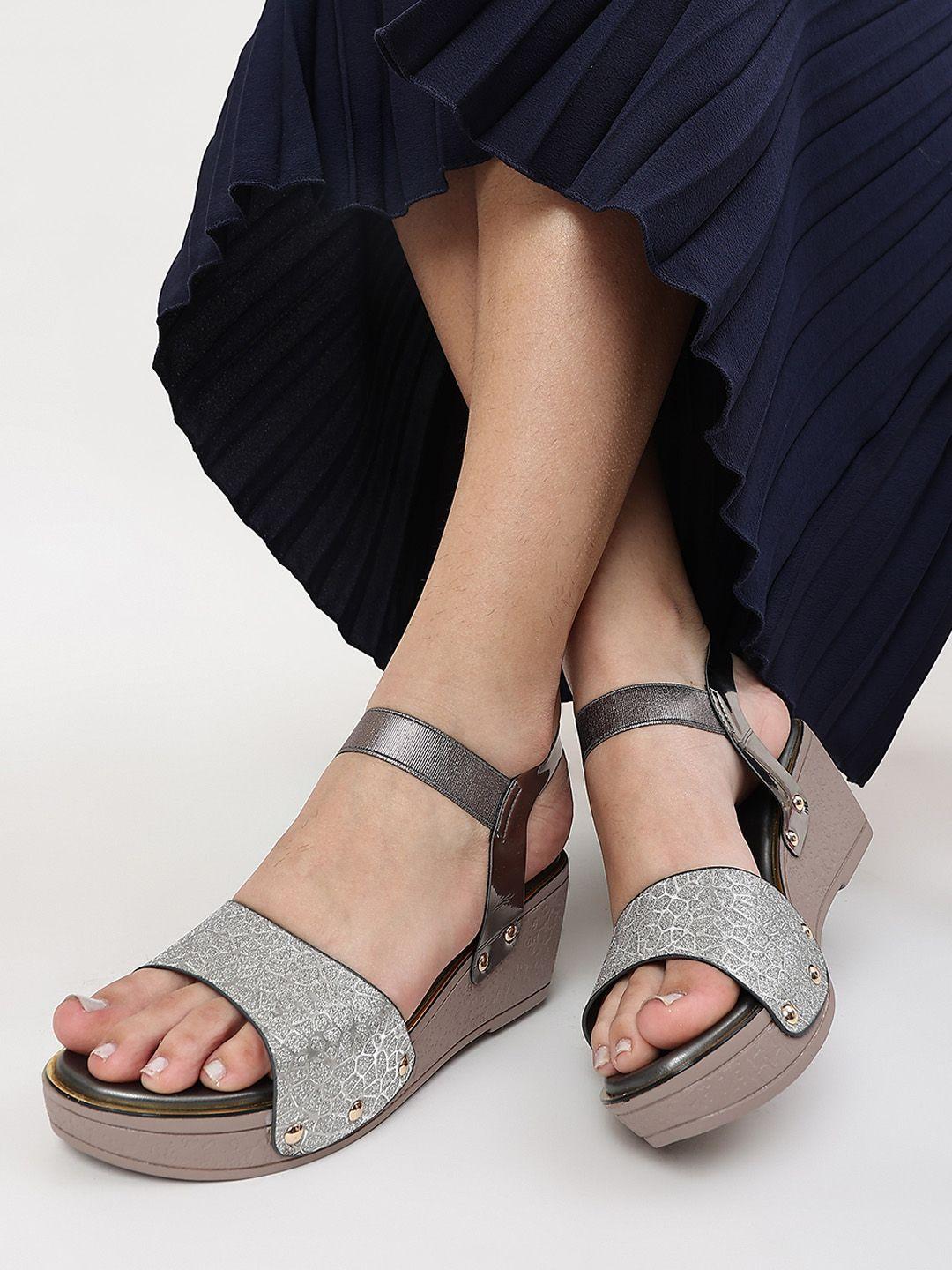 marc loire gunmetal-toned pu wedge sandals