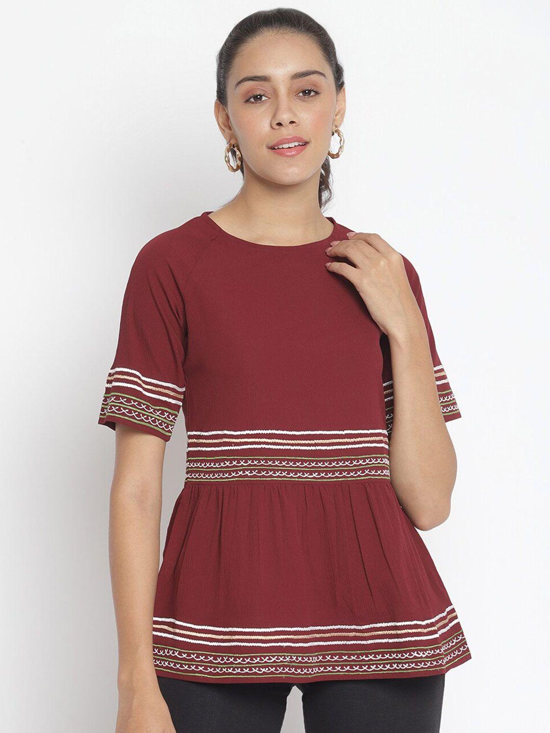 marc loire maroon & white embroidered crepe a-line top