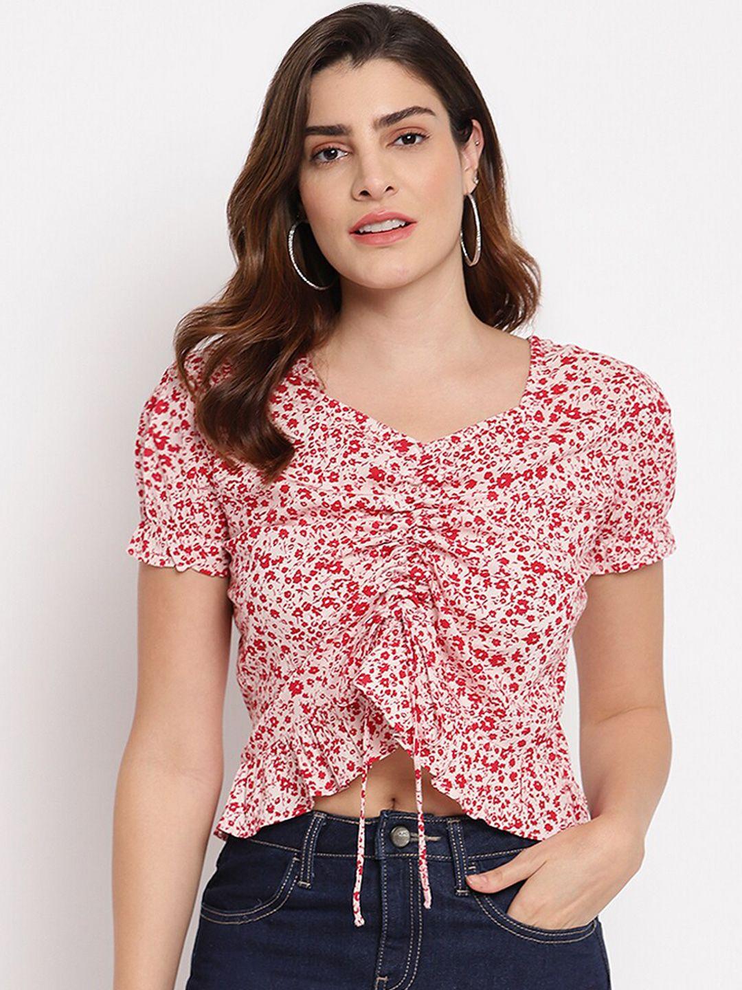 marc loire red & white floral print crepe crop top