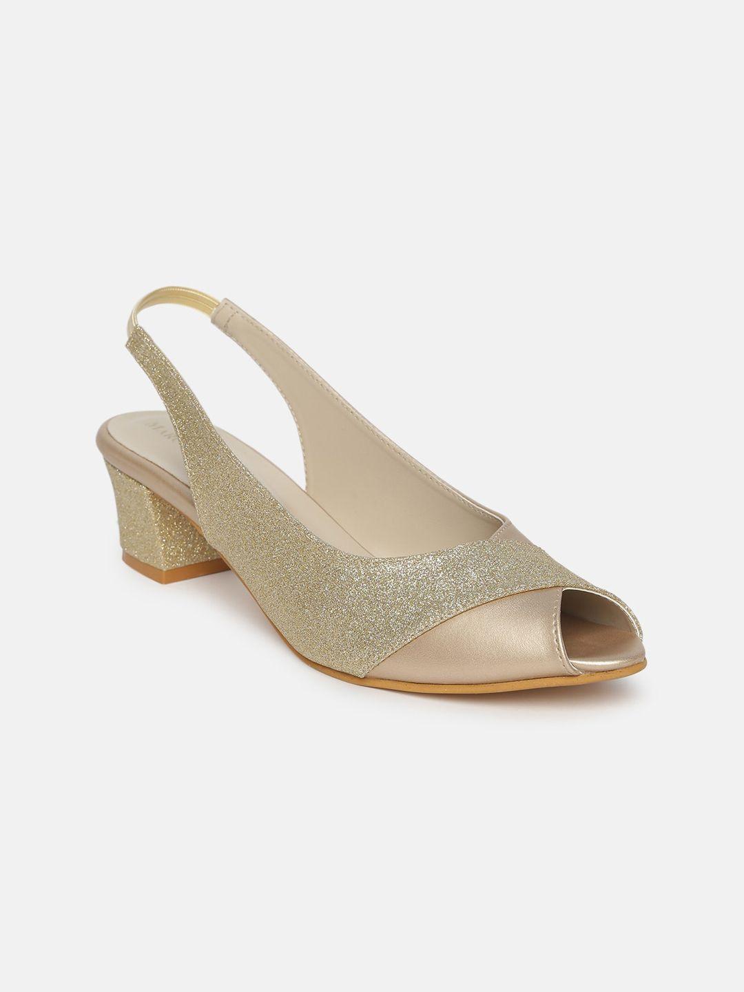 marc loire women gold-toned woven design peep toe block heels with shimmer detail