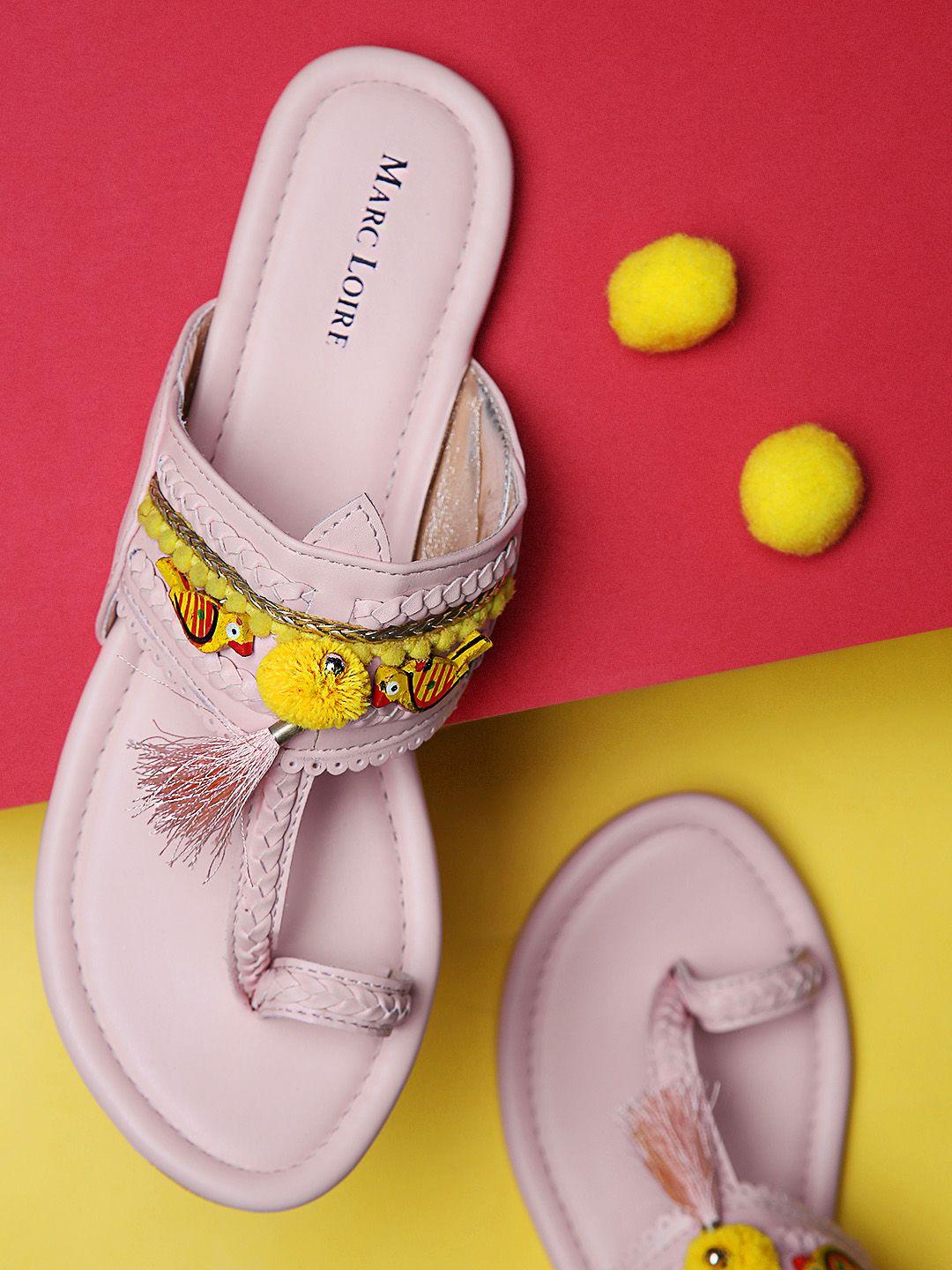 marc loire women pink & yellow braided & tasselled one toe flats