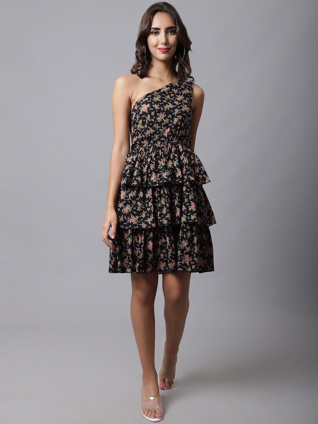 marc louis black & pink floral one shoulder layered cotton dress