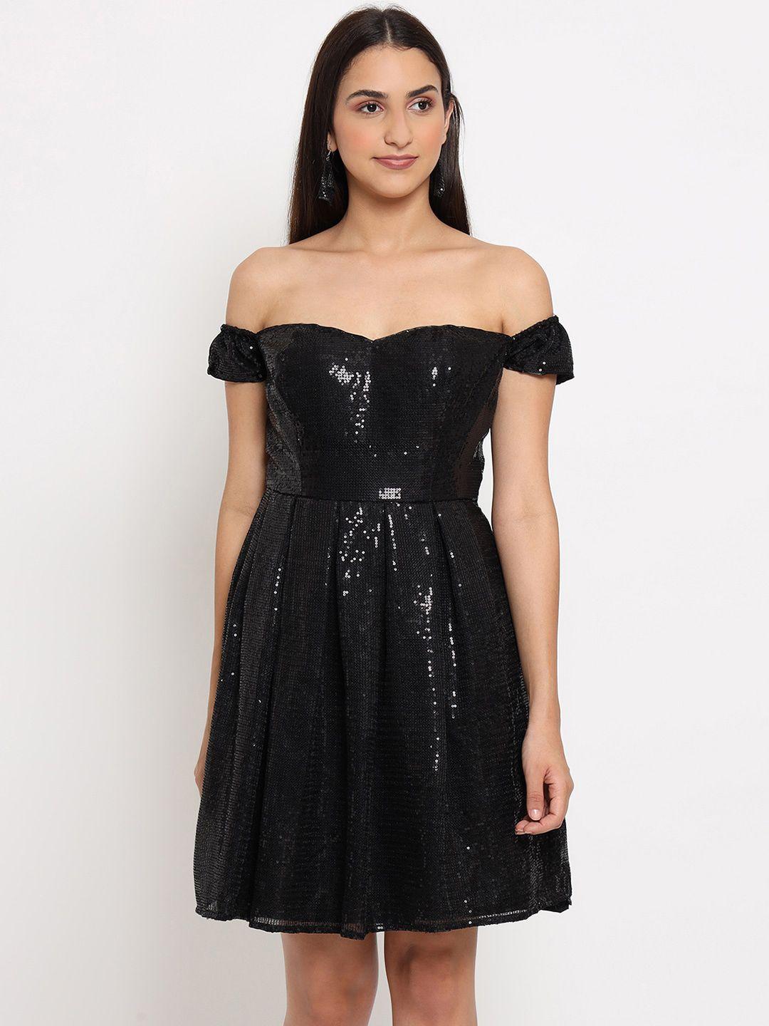marc louis black sequined off-shoulder georgette dress