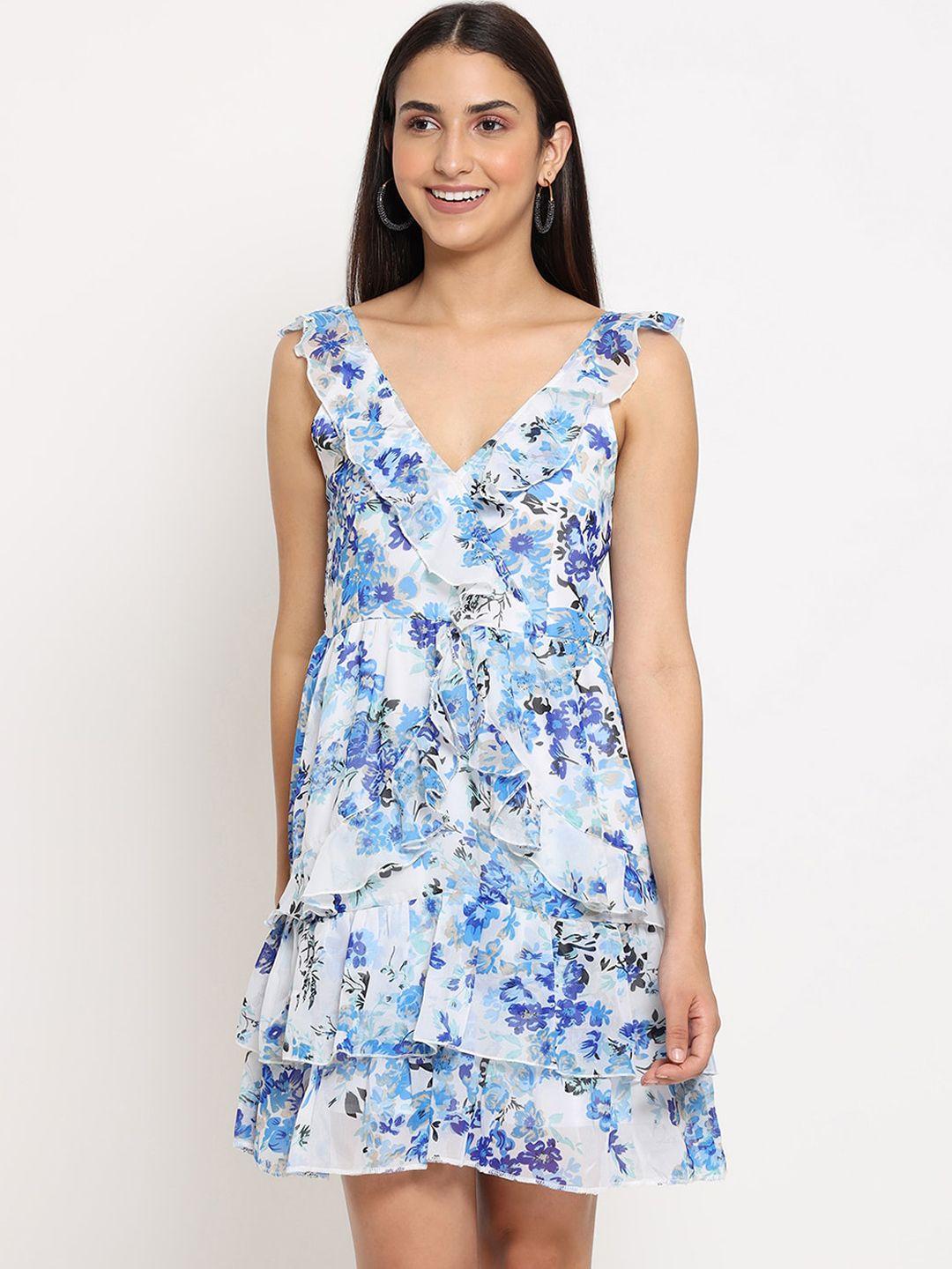 marc louis blue floral printed fit & flared dress