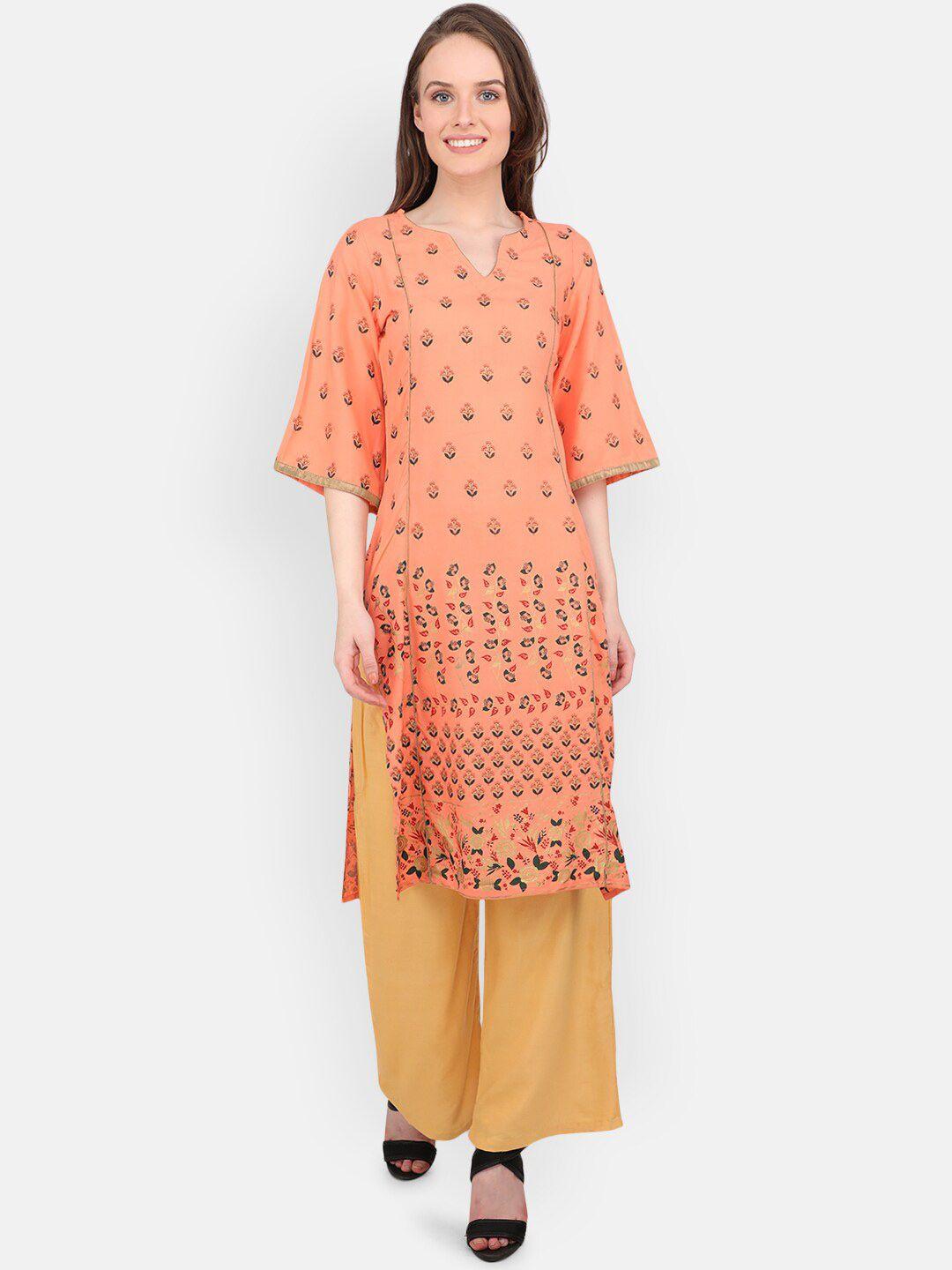 marc louis peach-coloured & grey floral printed v-neck flared sleeves empire kurti