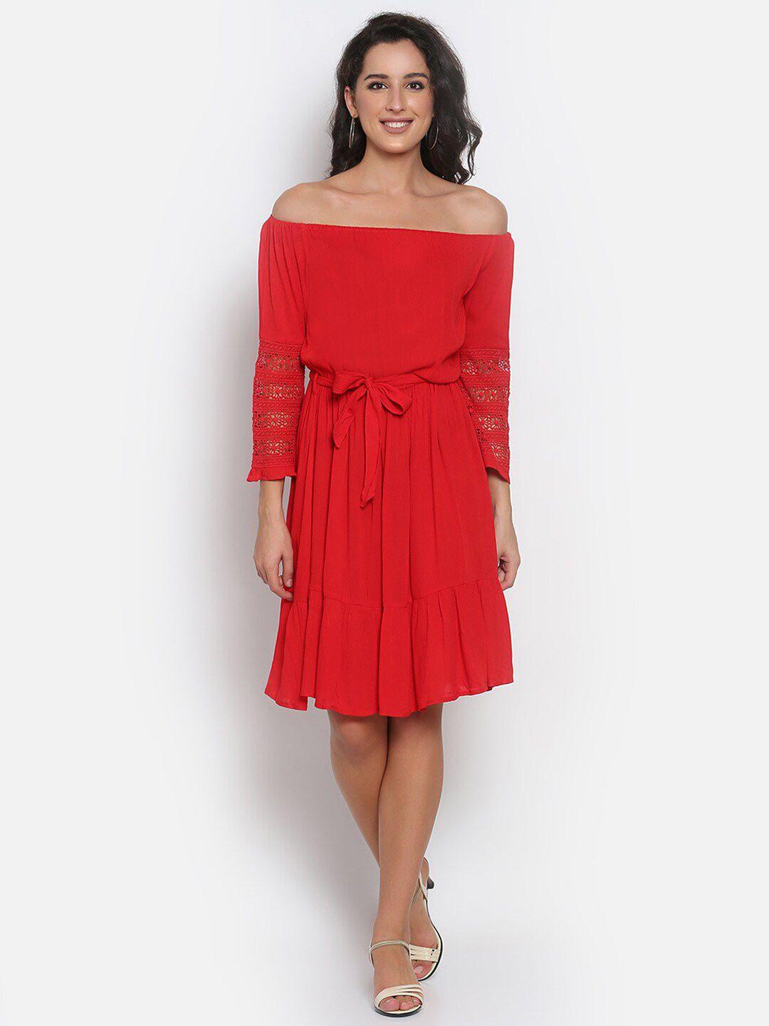 marc louis red off-shoulder crepe dress