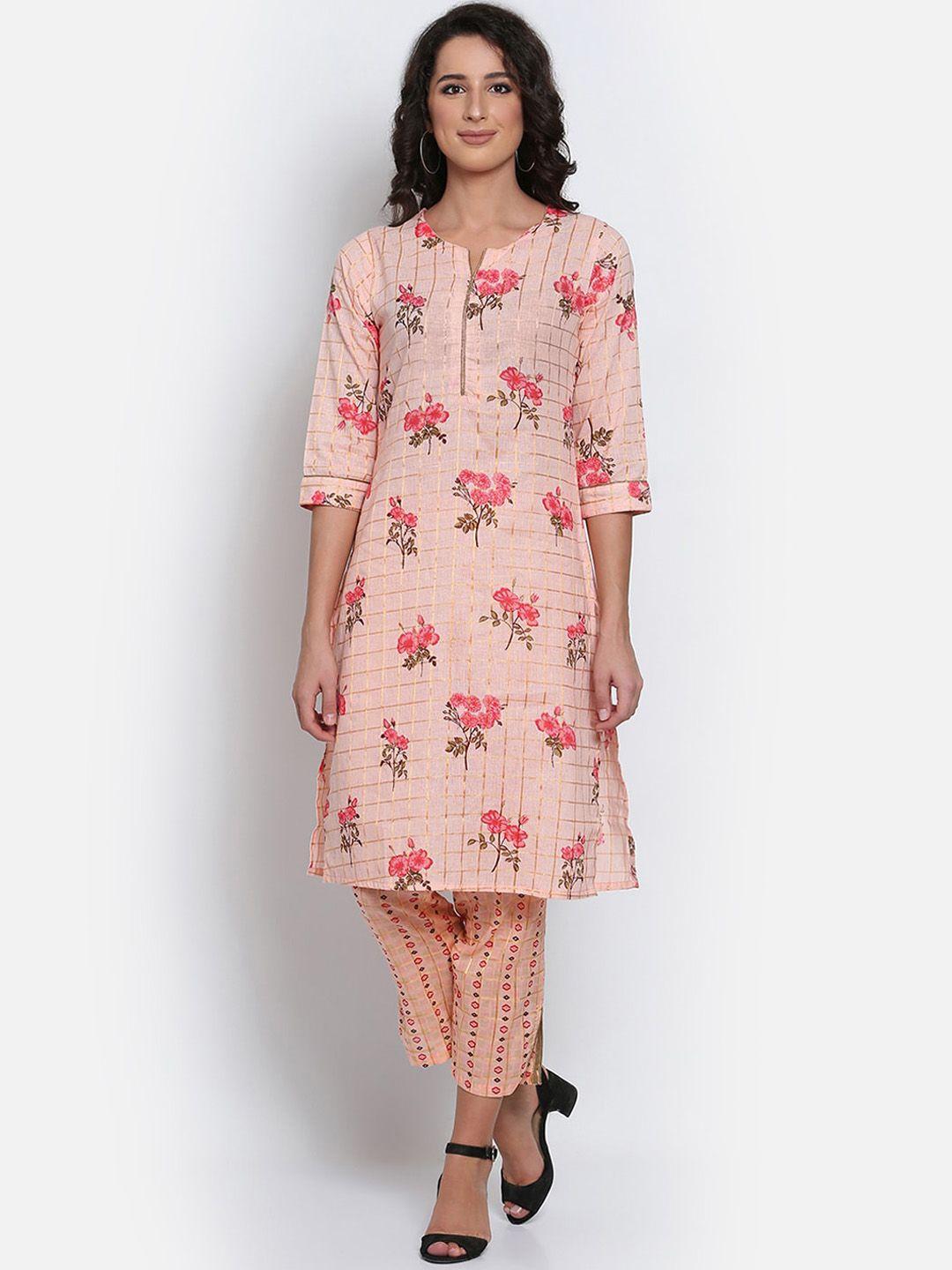 marc louis women peach-coloured floral printed pure cotton kurta with trousers