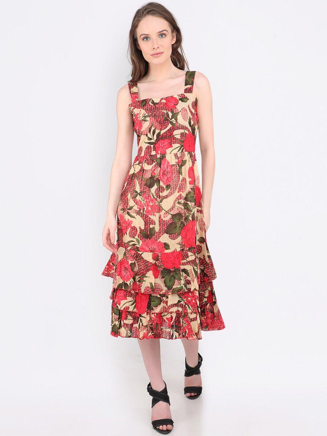 marc louis women red & green floral print ruffle pure cotton a-line dress