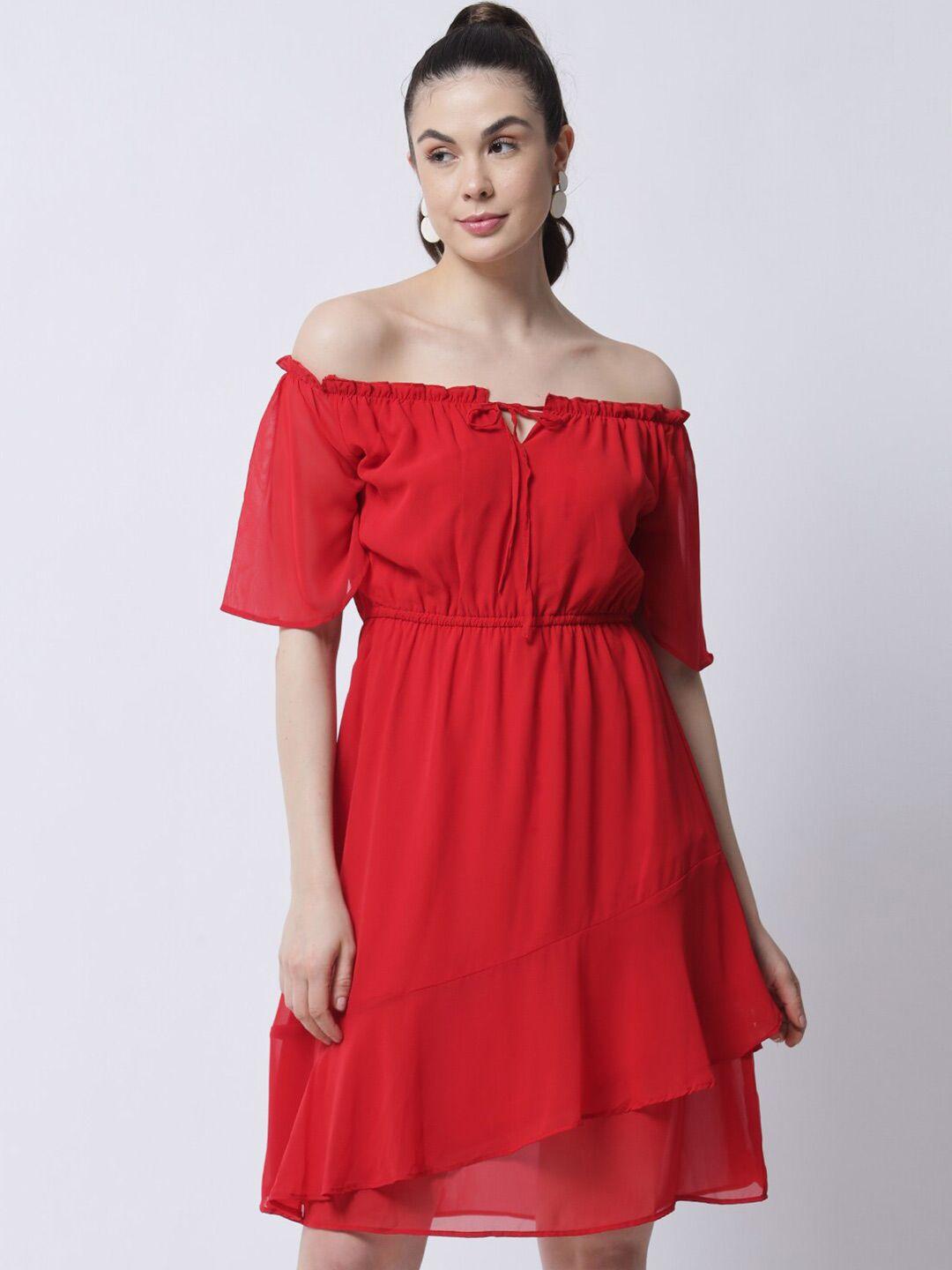 marc louis women red off-shoulder georgette dress