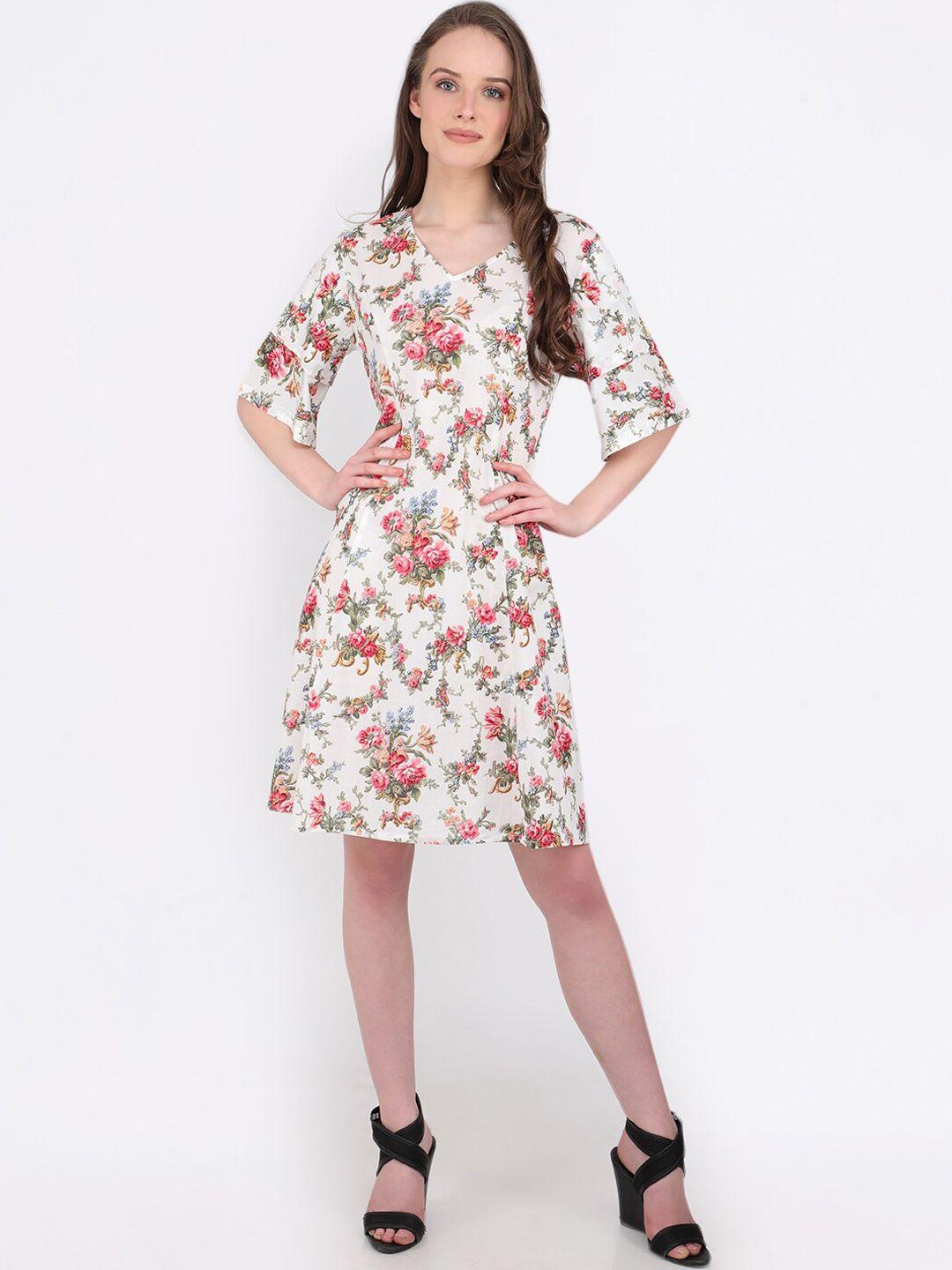 marc louis women white & pink floral printed fit and flare dress