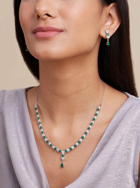 march by fablestreet 92.5 sterling silver sparkling green & white zircon necklace & earring set