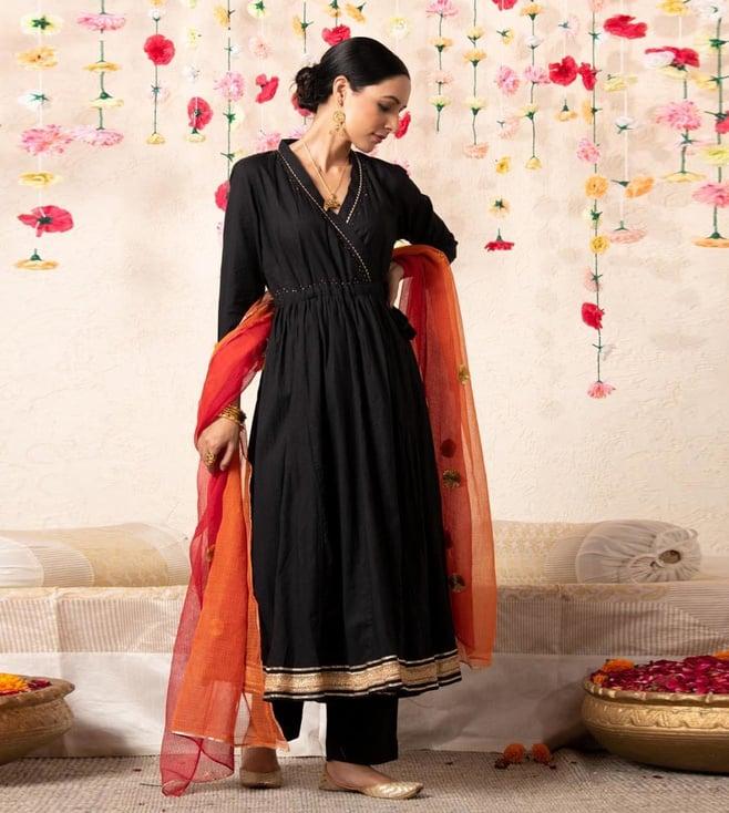 marche black, red & orange sitara angrakha with pant and dupatta